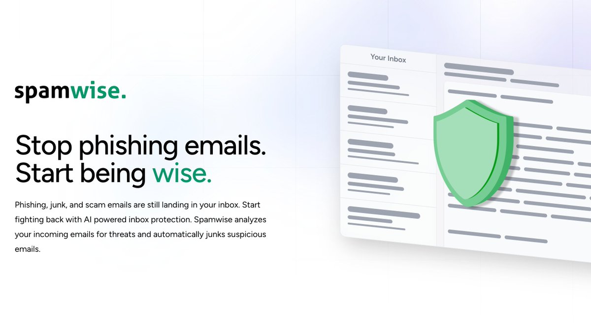 Spamwise.ai is now live! 🚀

If you're like me who receives phishing, junk, and scam emails all the time, Spamwise is the only consumer based solution that hooks into your inbox and will help you eliminate that noise and save you time so you can focus on what's truly