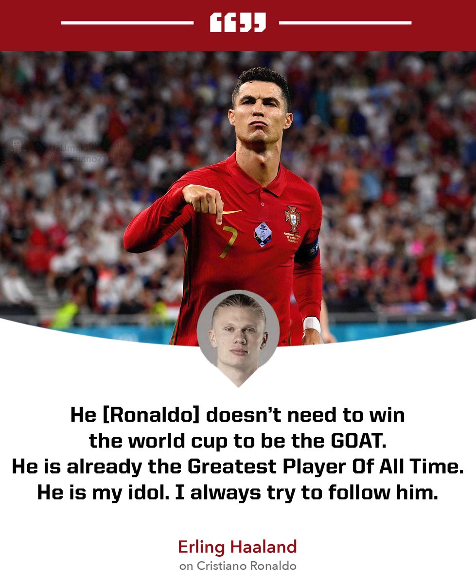 🚨 Breaking : Erling Haaland has shared his thoughts about Cristiano Ronaldo.

🗣️ Haaland : “I watched Cristiano Ronaldo on YouTube? Yes, he’s the most important inspiration for me especially inside the box.”

“The way he developed his game, playing as a winger at Manchester