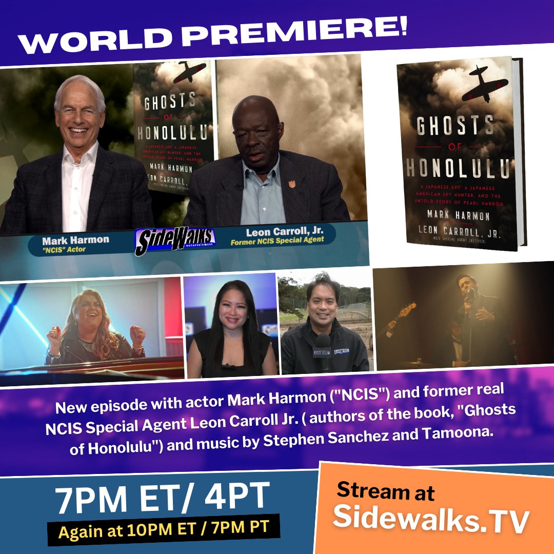 SidewalksTV's tweet photo. WORLD PREMIERE! Watch our latest episode on https://t.co/ZcnPGk5pX3, our website's online channel Thursday night at 7PM ET / 4PM &amp; again at 10PM ET / 7PM PT.

#MarkHarmon &amp; fmr NCIS Special Agent #LeonCarrollJr (authors of #GhostsofHonolulu); music by #StephenSanchez &amp; #Tamoona. https://t.co/ClRq1QsBvb