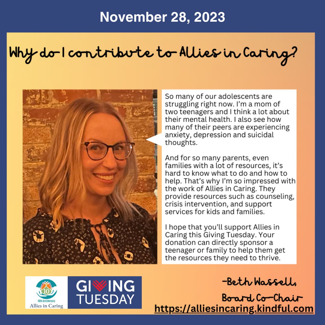 Why support Allies in Caring? As a mom of teens, I've seen the loneliness epidemic. AIC tackles adolescent struggles by providing counseling, crisis intervention, and empowering programs. Let's help teens thrive! 💙 Donate: buff.ly/47byuWG #SupportYouth <a href="/beth_wassell/">Beth Wassell</a>