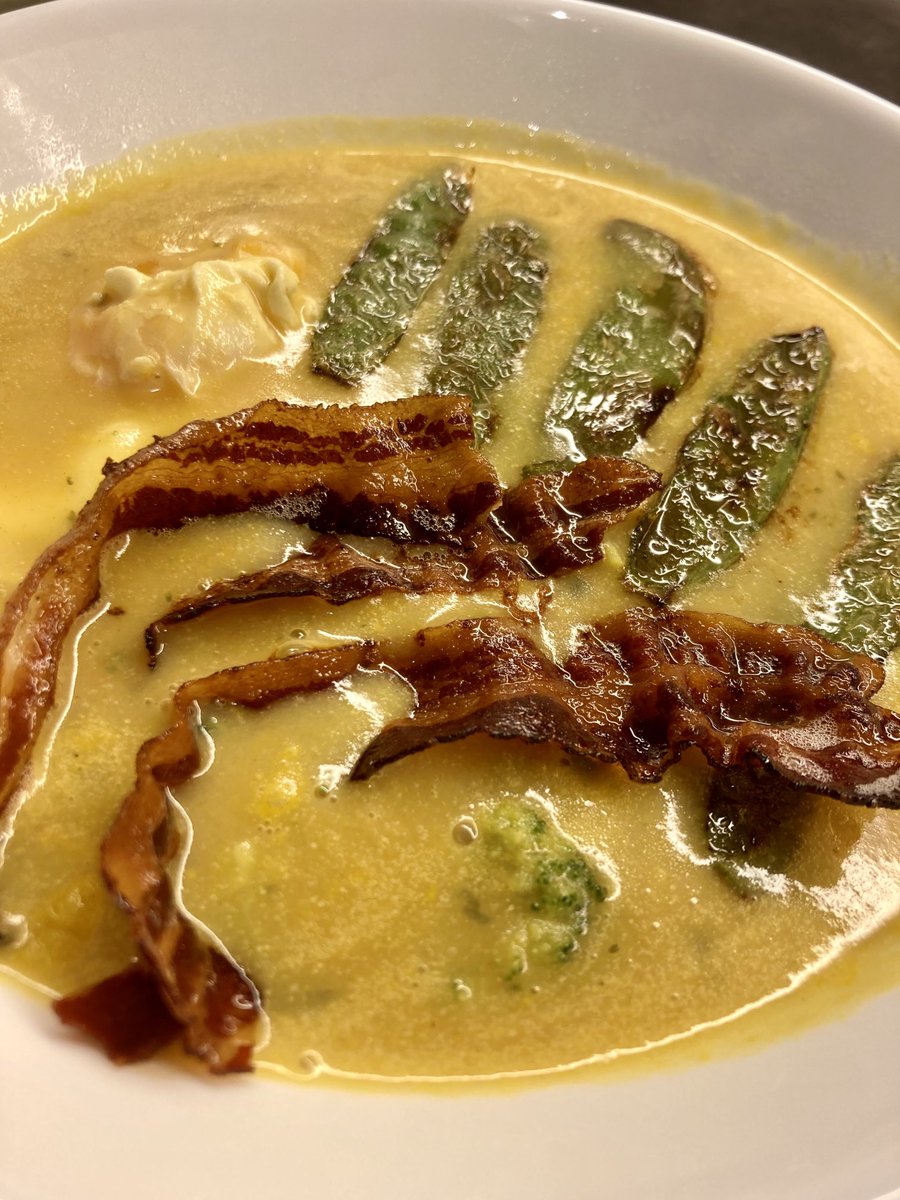 KrisBlackRose's tweet photo. I made an #autumn #soup -a #pumpkin soup with fresh #broccoli florets, grilled #bacon, #snowpeas grilled in the #bacongrease, and the final personal touch: I broke an #egg directly into the still boiling soup. Now I’m filled until tomorrow noon. #healthyfood @CaryKelly11 https://t.co/4mljSK6jLM