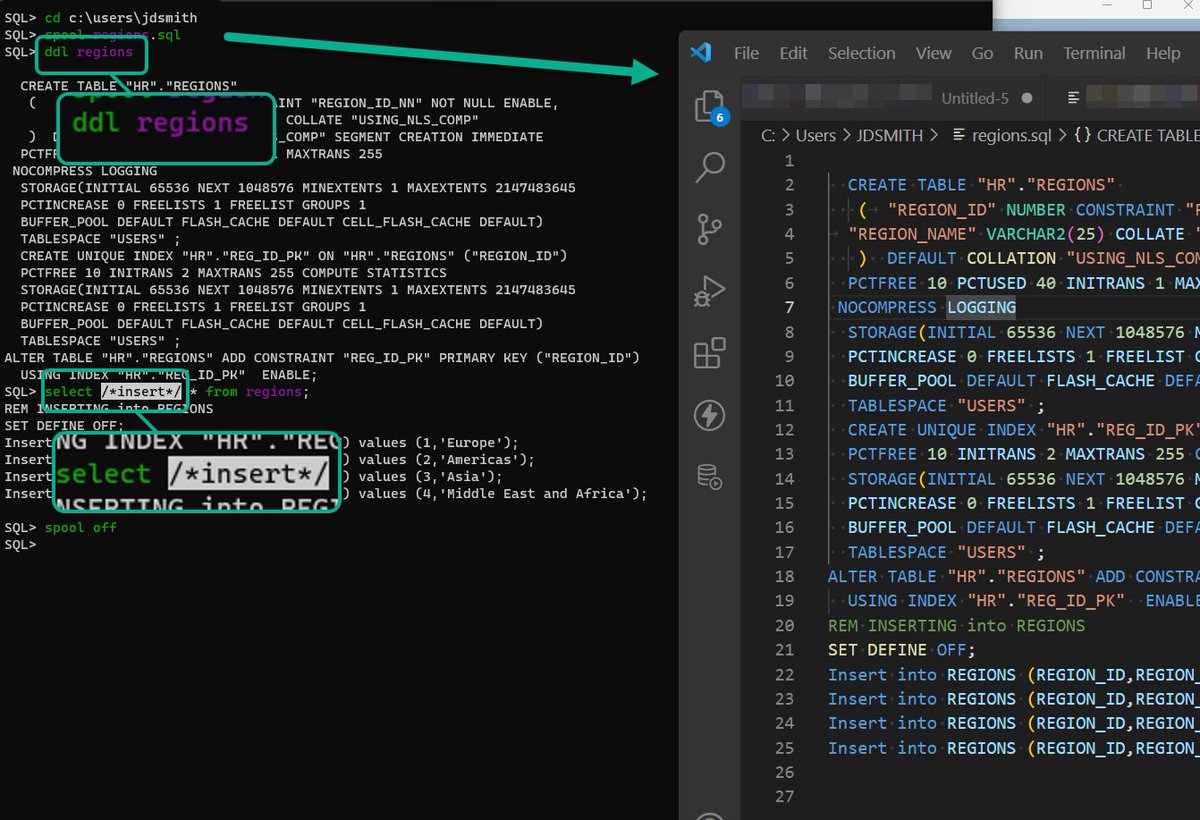 oraclesqlcl's tweet image. Need to create a DDL and Data script for a table? It's as simple as using SPOOL, DDL, and /*INSERT*/ commands!
You can also 'shape' the DDL using the various SET DDL commands such as
SET DDL SCHEMA OFF
SET DDL TABLESPACE OFF