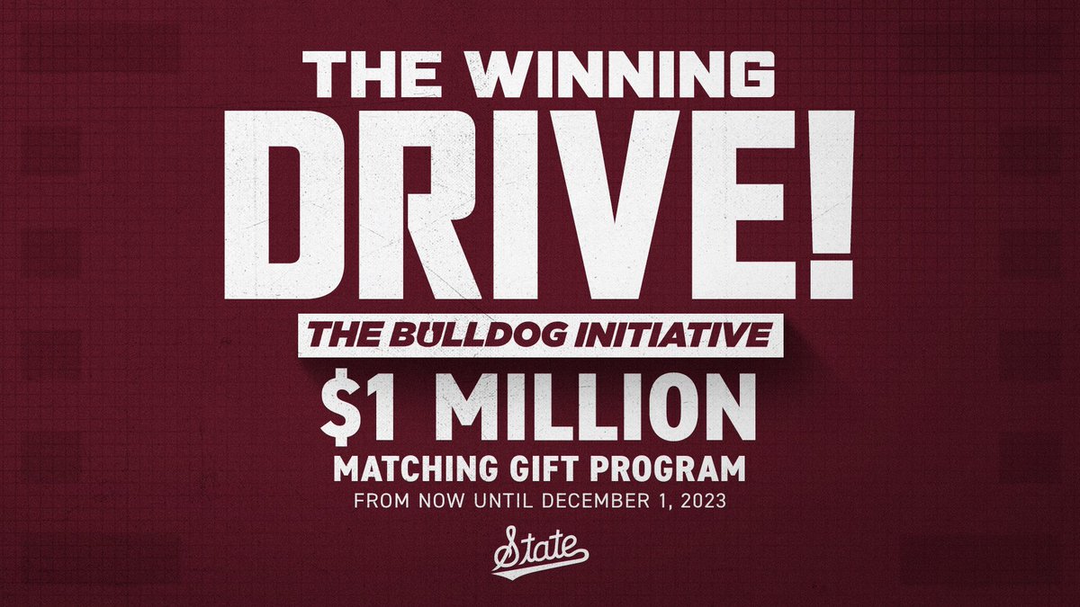 🚨 Commit to the Winning Drive! 🚨 

This week, a small group of Bulldog Initiative donors committed to match our next $1 million in contributions to kickstart our Winning Drive campaign. 

Join us through December 1 to help unlock the match and show MSU’s commitment to winning.