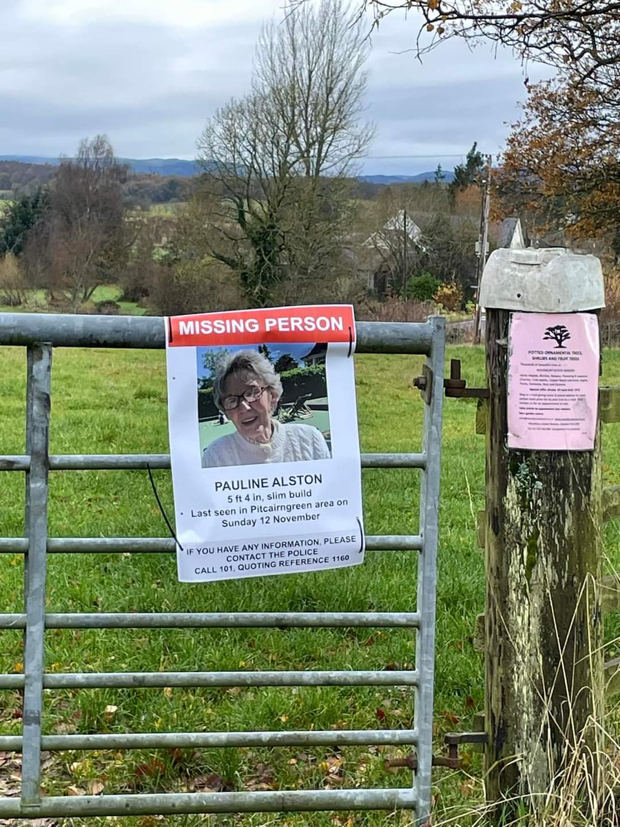 alliballibee21's tweet photo. 77yo #PaulineAlston is still #missing from her home in Pitcairngreen near Perth, Scotland. Not a single clue where she might have disappeared to, despite extensive searching, cctv and dashcam footage. Family have been putting up posters locally today.
#MissingPerson https://t.co/k5udqcj7XT