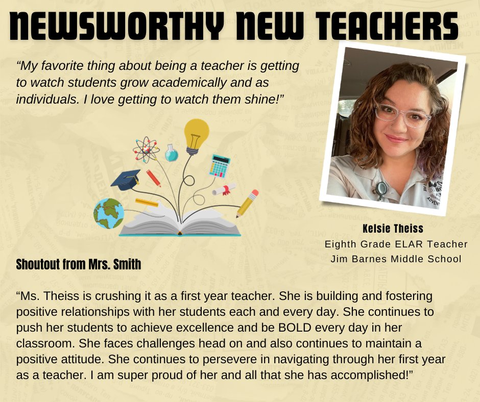 ShantillVann's tweet photo. Shout out to Secondary New Teacher of the Month for October Ms. Kelsie Theiss @JimBarnesMS ! Thank you for joining Seguin ISD 💛🖤!
#MatadorMentoring
#lookwho'sbeingBOLD https://t.co/iONZ9IRz7D