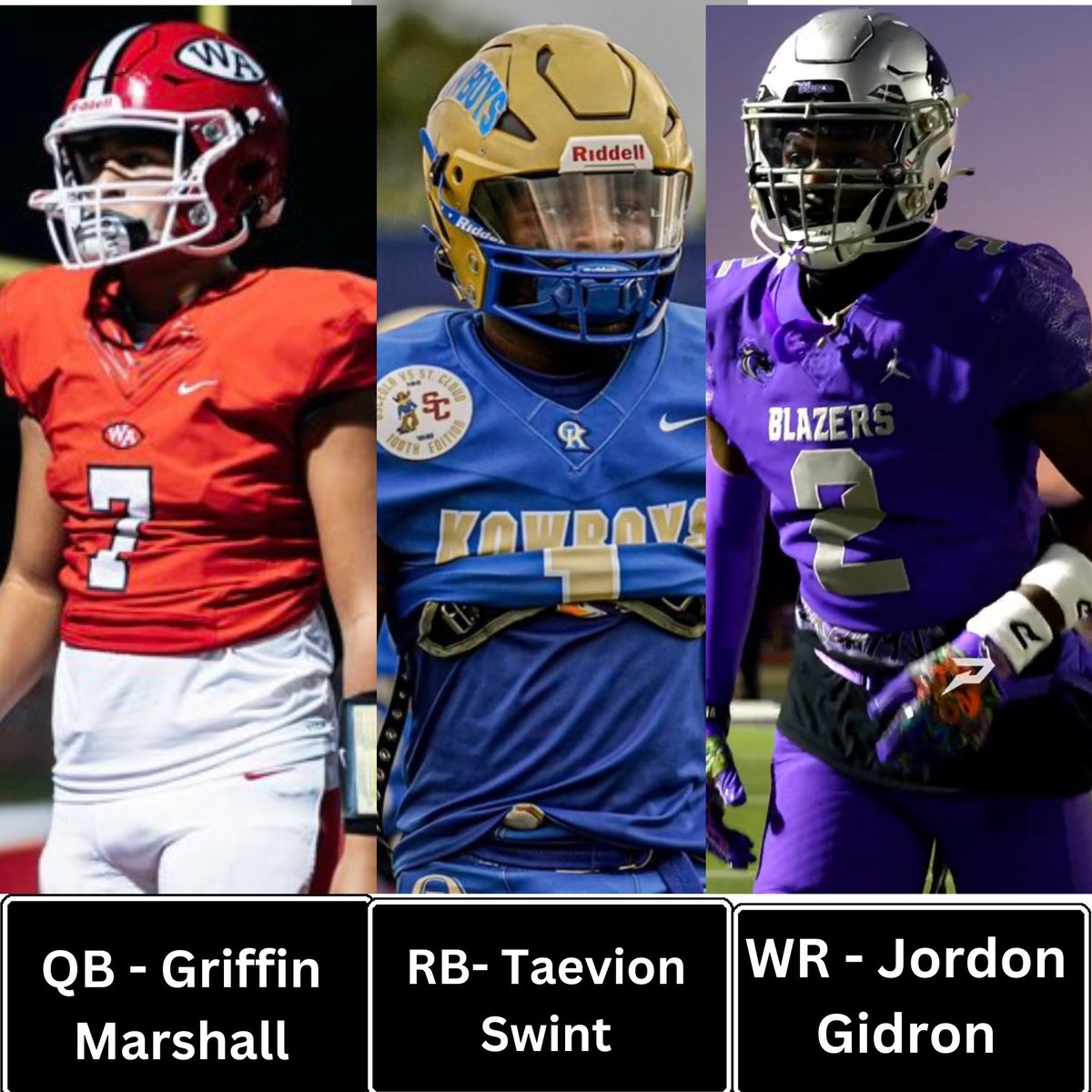 🚨🚨TOP OFFENSIVE PLAYERS OF THE WEEK🚨🚨

⭐️'24 Grriffin Marshall
📍Woodward Academy, GA
🏈<a href="/GriffMarshall_1/">Griffin Marshall</a>

⭐️'25 Taevion Swint
📍Osceola, FL
🏈<a href="/TaevionSwint/">Taevion Swint { Chick }🐥</a>

⭐️'26 Jordon Gidron
📍Ridge View, SC
🏈<a href="/JordonGidron/">Jordon Gidron</a>

🗣️College Coaches, check out these ballers. Sign up for your free