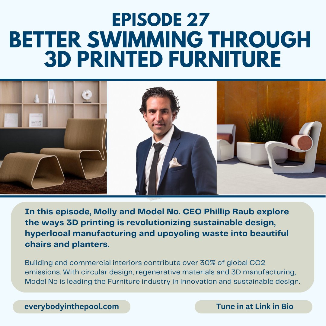 inthepoolpod's tweet photo. In this episode, @mollywoodpro and Model No. CEO Phillip Raub explore the ways 3D printing is revolutionizing sustainable design, hyperlocal manufacturing, and upcycling waste into beautiful chairs and planters.

Check it out &amp; let us know what you think👇
https://t.co/BK3GWL60LL https://t.co/EiKDZQNgZy