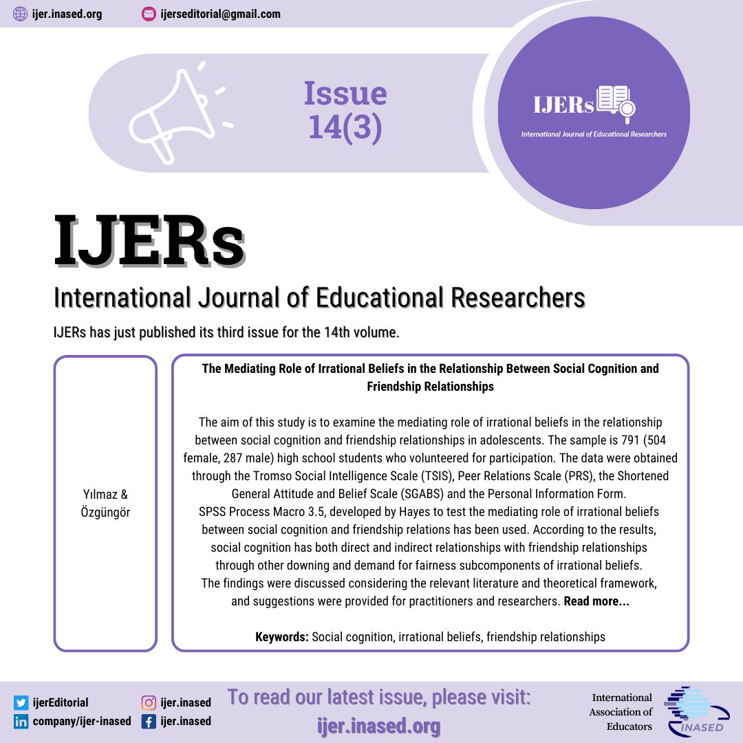 ijerEditorial's tweet photo. IJERs has published its third issue for the 14th volume in September! Remember to follow us 📌, and share 📨 and like 👍 our posts to grow our scholarly audience. #ijerinased #education #academicjournal #comu #researchjournal #openjournal #openaccess #freejournal #article #free https://t.co/JFnQ9GCKhP