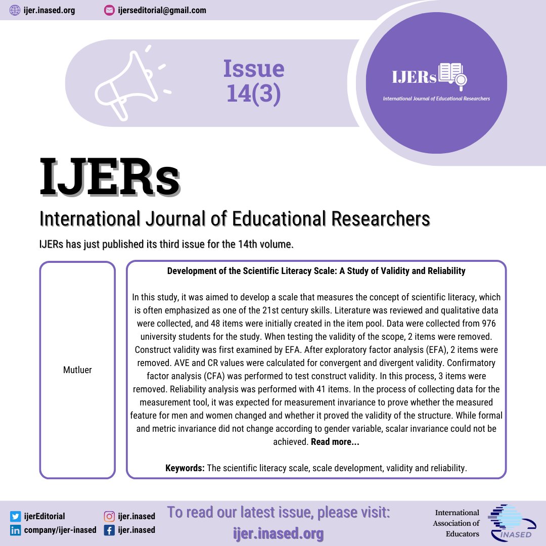 ijerEditorial's tweet photo. IJERs has published its third issue for the 14th volume in September! Remember to follow us 📌, and share 📨 and like 👍 our posts to grow our scholarly audience. #ijerinased #education #academicjournal #comu #researchjournal #openjournal #openaccess #freejournal #article #free https://t.co/Bl75oNP1XE