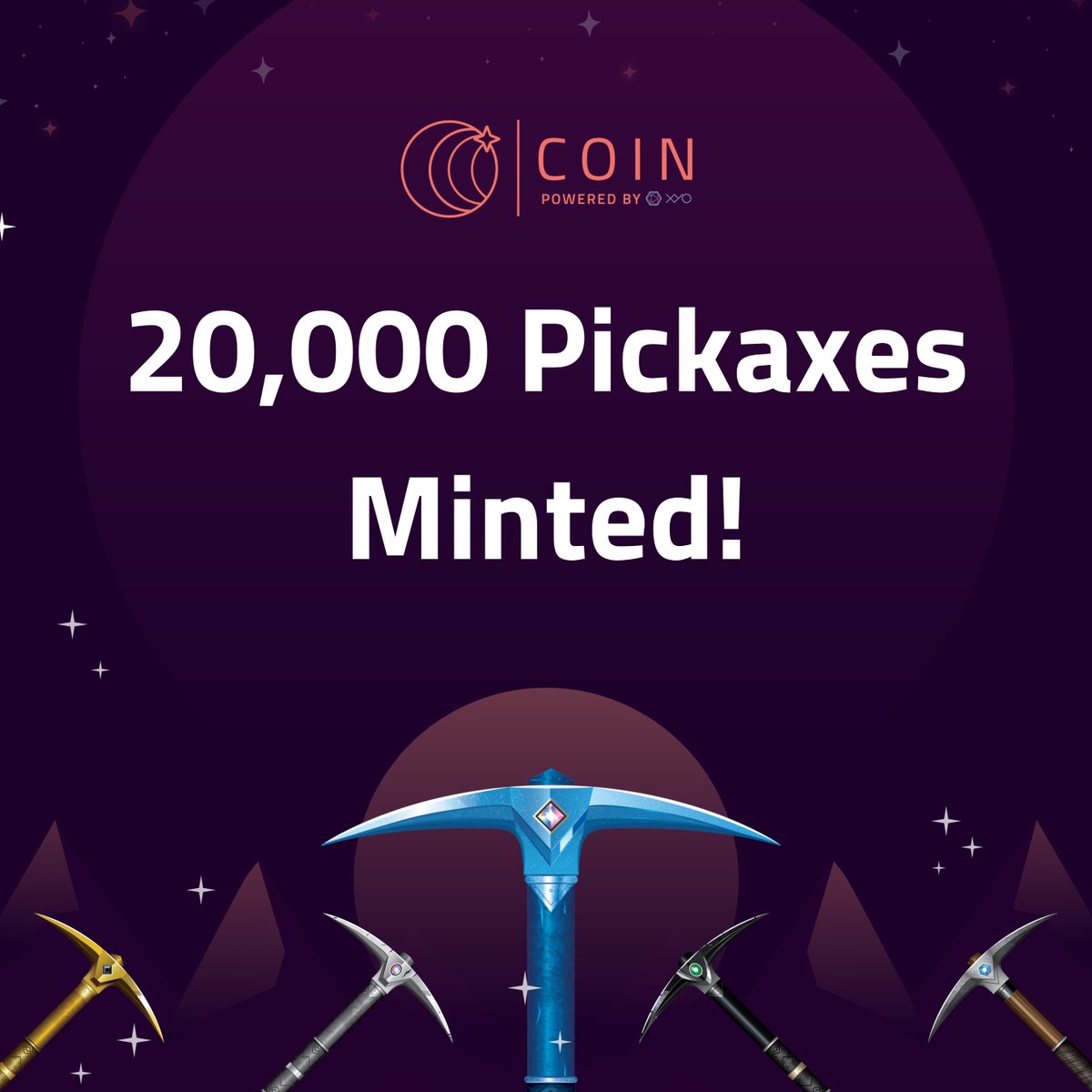 coin_with_us's tweet photo. 🥳 New Milestone! COIN hit a new record with over 20,000 Pickaxes successfully minted! ⛏️✨ These aren’t just any NFTs – they’re powerful, purposeful tools designed to supercharge your COIN earnings. 💪 When you mint a Pickaxe, it’s entirely yours to equip, trade, or sell. 

That’s just the beginning. 

Stay tuned because we’ve got some announcements on the horizon that will take your COIN experience to new heights! 🚀 The best is yet to come. 😉 #COIN #NFT #COINWithUs