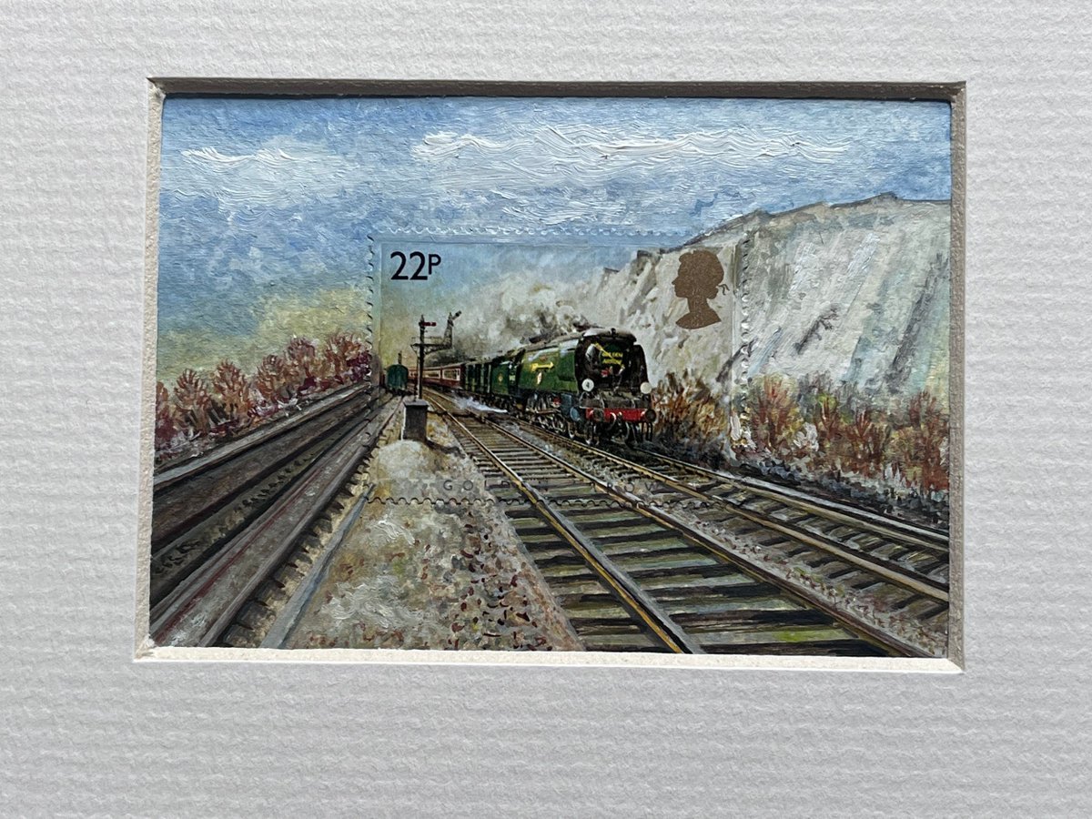 JillingsTonia's tweet photo. Golden Arrow, Famous Steam Train Royal Mail postage stamp made into art using watercolour and oil paint to extend the scene.
art size 2.5 x 3.5 inches
#commemorativestamps #PhilatelyCommunity #PhilatelyWorld #postalstampoint #RareStamp #Philately #Stamp
https://t.co/4tPdeopzCF https://t.co/4r5KkM5L6Y