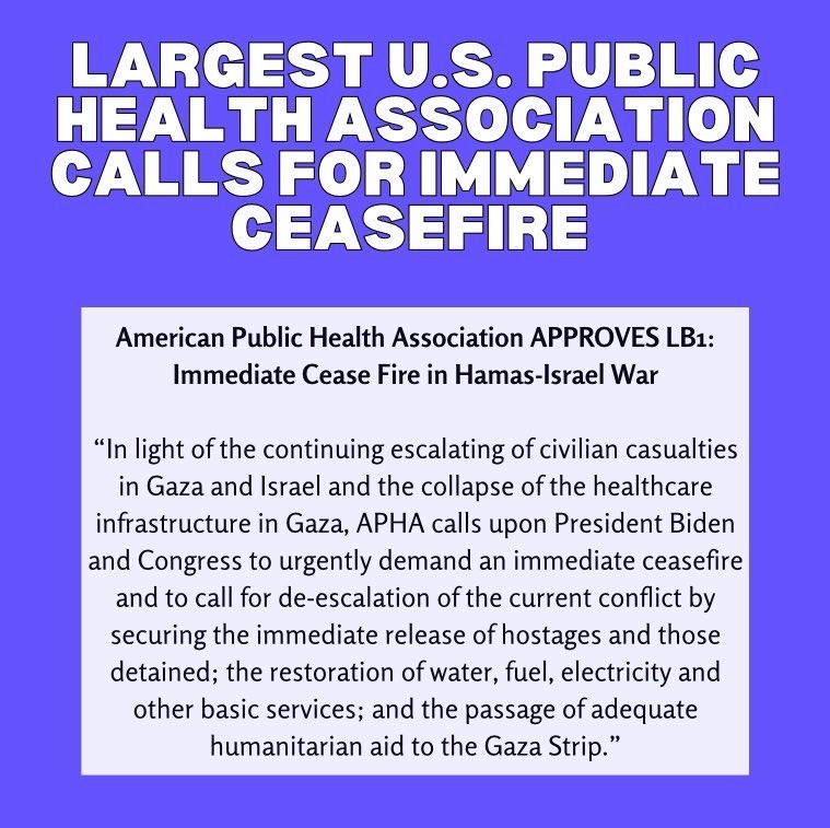 Public Health is Peace & Safety for ALL
Public Health is Human Rights for ALL
On Tues Nov 14 the American Public Health Association (@PublicHealth) passed a Ceasefire Resolution to protect lives.
#ThisIsPublicHealth
#APHA2023 #CeasefireNOW #CeasefireForGazaNow