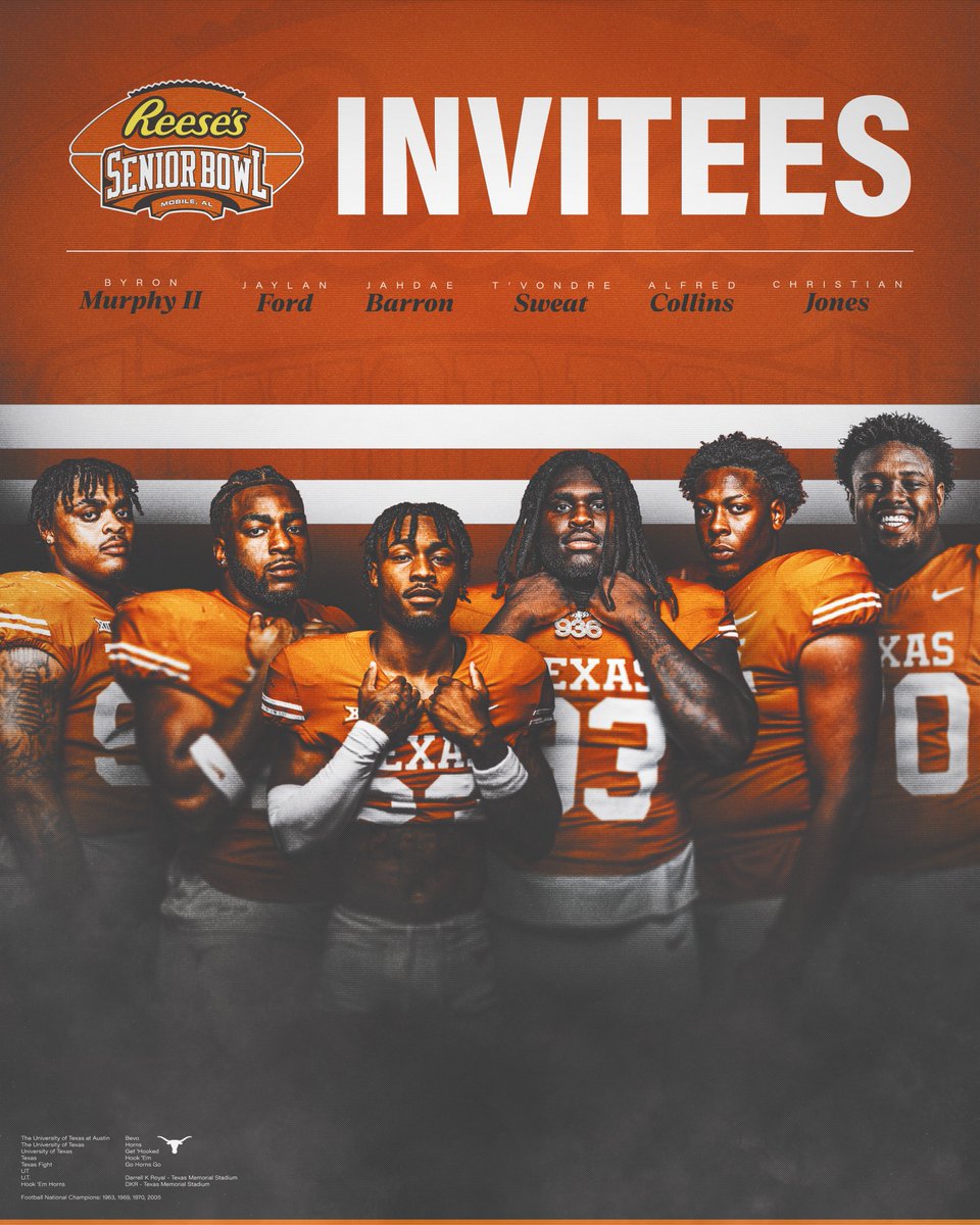 6⃣ Longhorns have been invited to the <a href="/seniorbowl/">Panini Senior Bowl</a> 🤘

@ByronMurphyII x <a href="/Jaylanfxrd/">Jaylan Ford</a> x <a href="/Officia1dae/">Jahdae barron 🏁</a> x <a href="/TvondreSweat/">Tvondre sweat</a> x <a href="/alfredcollins99/">Alfred Collins</a> x @Christo24AHFC