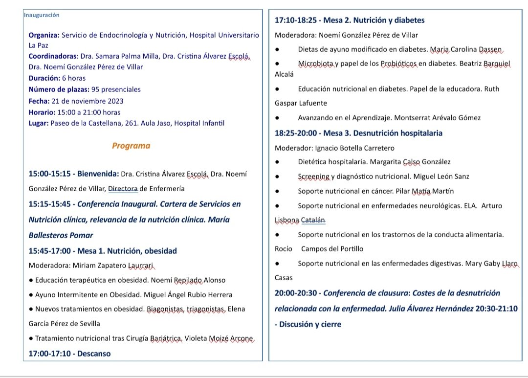 🚨🚨🚨No te pierdas la Jornada "Nutrición y Metabolismo". 21.11.23
✏️Inscripción a través FORMADRID
Un temario insuperable y unos ponentes excepcionales!
<a href="/noemigpvillar/">Noemí, MD PhD.</a> 
<a href="/SamaraPalmaMil1/">Samara Palma Milla</a> 
@Btrizlecum 
<a href="/DraZapateroL/">Miriam Zapatero Larrauri</a> 
<a href="/elenagps91/">Elena García Pérez de Sevilla</a> 
<a href="/Ruth_Gaspar_/">Ruth</a> 
<a href="/ArturoLisbona/">Arturo Lisbona</a>
