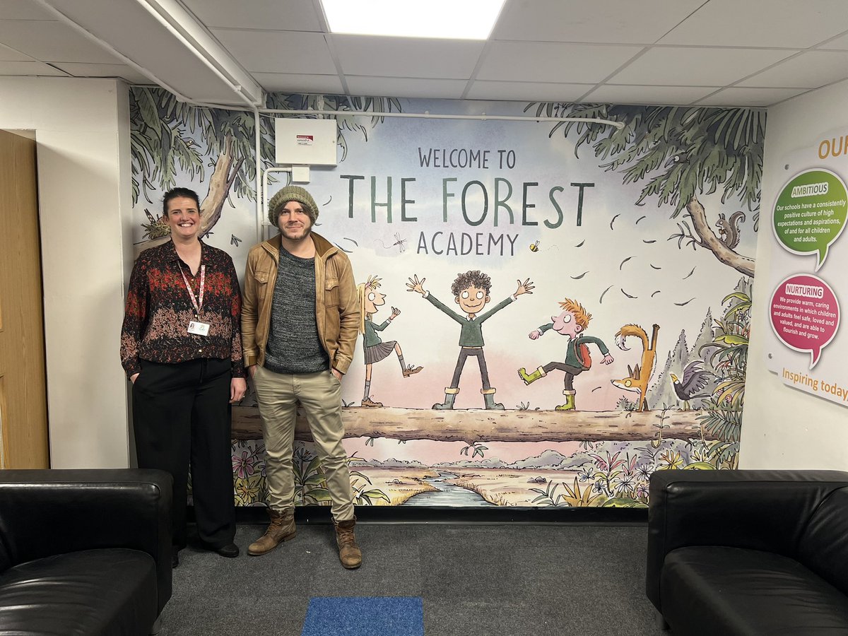 Step 1 of 5 of installing more beautiful <a href="/dannydeeptown/">Danny Deeptown</a> wall art at @ForestAcademy_ Some bigger &amp; brilliant walls to come!. Lovely to hear the children &amp; staff’s excitement as they saw it going in. Thanks <a href="/katiehirst5/">Katie Pierce</a> for choosing us to enhance your school. #beautiful #wallart