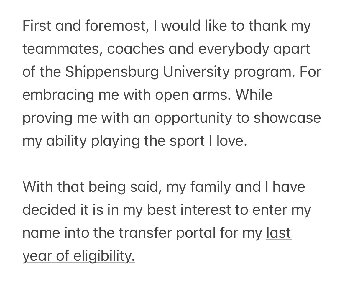 Officially in the Transfer Portal 
WR/RS
All PSAC 2x
All Region
Pre-Season All American 
HM All American 
1,212 Receiving Yards , 8TDS (2 years)
1,293 Return Yards, 2TDS (2 Years)
 
hudl.com/v/2MY5FD