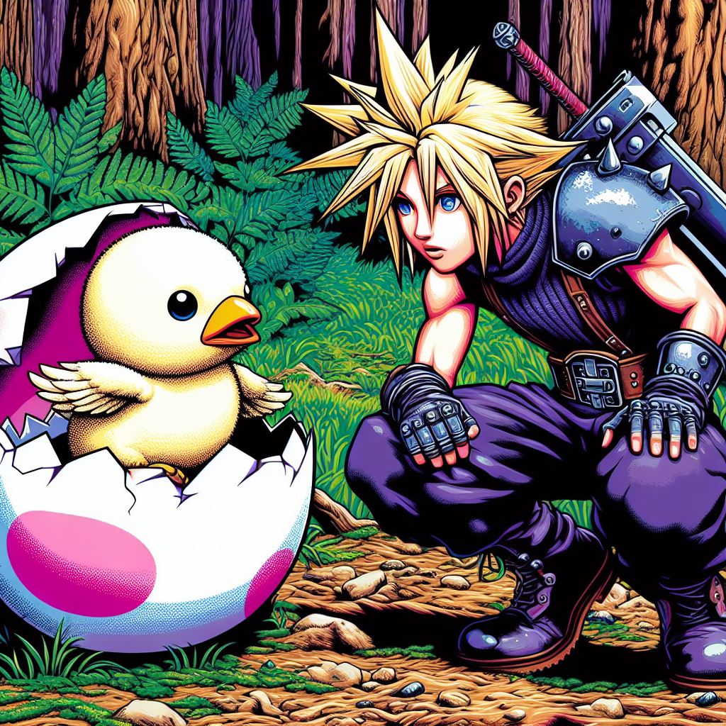 finalgamer89's tweet photo. Cloud stumbles upon a strange egg in the forest on his journey and it begins to hatch.
#cloudstrife #finalfantasy7 #FinalFantasyVII #ff7 #ffvii #chocobo #forest #chocoboforest #fanart #videogames #gaming #gamer #SquareEnix #FinalFantasy #chocobochick #babychocobo #kweh #finalvii https://t.co/2pxBKUziPz