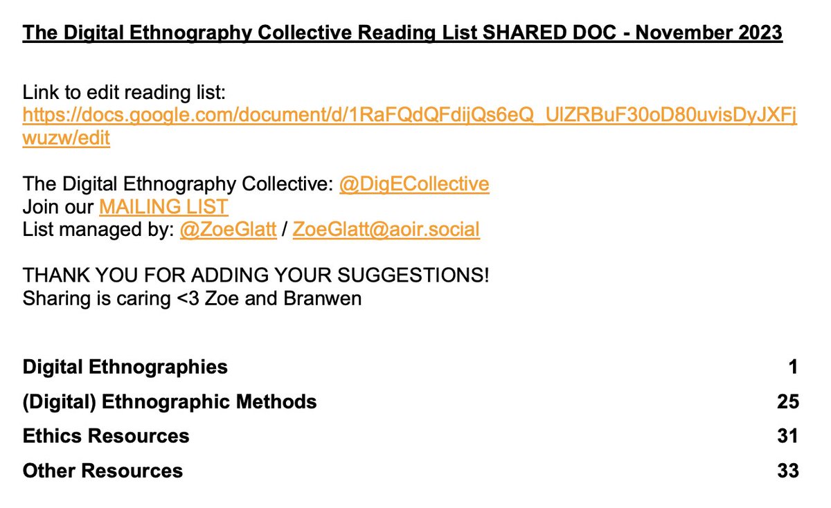 Please enjoy the updated November 2023 ✨Digital Ethnography Reading List✨ Thanks to everyone who has added to it in the past few months, some great new readings on there! 34 pages of joy! 🔥🫡 Please view, share and add your own suggestions HERE: tinyurl.com/ywk3awbb
