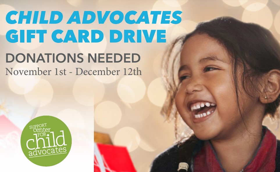 One month to go in this year's Child Advocates Gift Card Drive! You can instantly send an E-Card to event@SCCALAW.org, or for easy online gift card ordering, click on our Amazon Wish list at a.co/4Wn1cNW