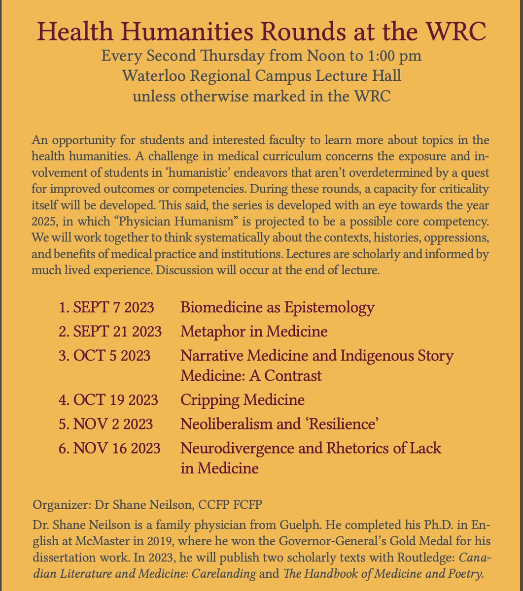 Shane Neilson (@sneilsonwwh) on Twitter photo Concluded the Health Humanities Series <a href="/MacMedWRC/">McMaster University - Waterloo Regional Campus</a> today, students stayed an extra half hour for discussion --- time to collate the survey feedback and pitch the faculty with a formal proposal! Concluded the Health Humanities Series <a href="/MacMedWRC/">McMaster University - Waterloo Regional Campus</a> today, students stayed an extra half hour for discussion --- time to collate the survey feedback and pitch the faculty with a formal proposal!