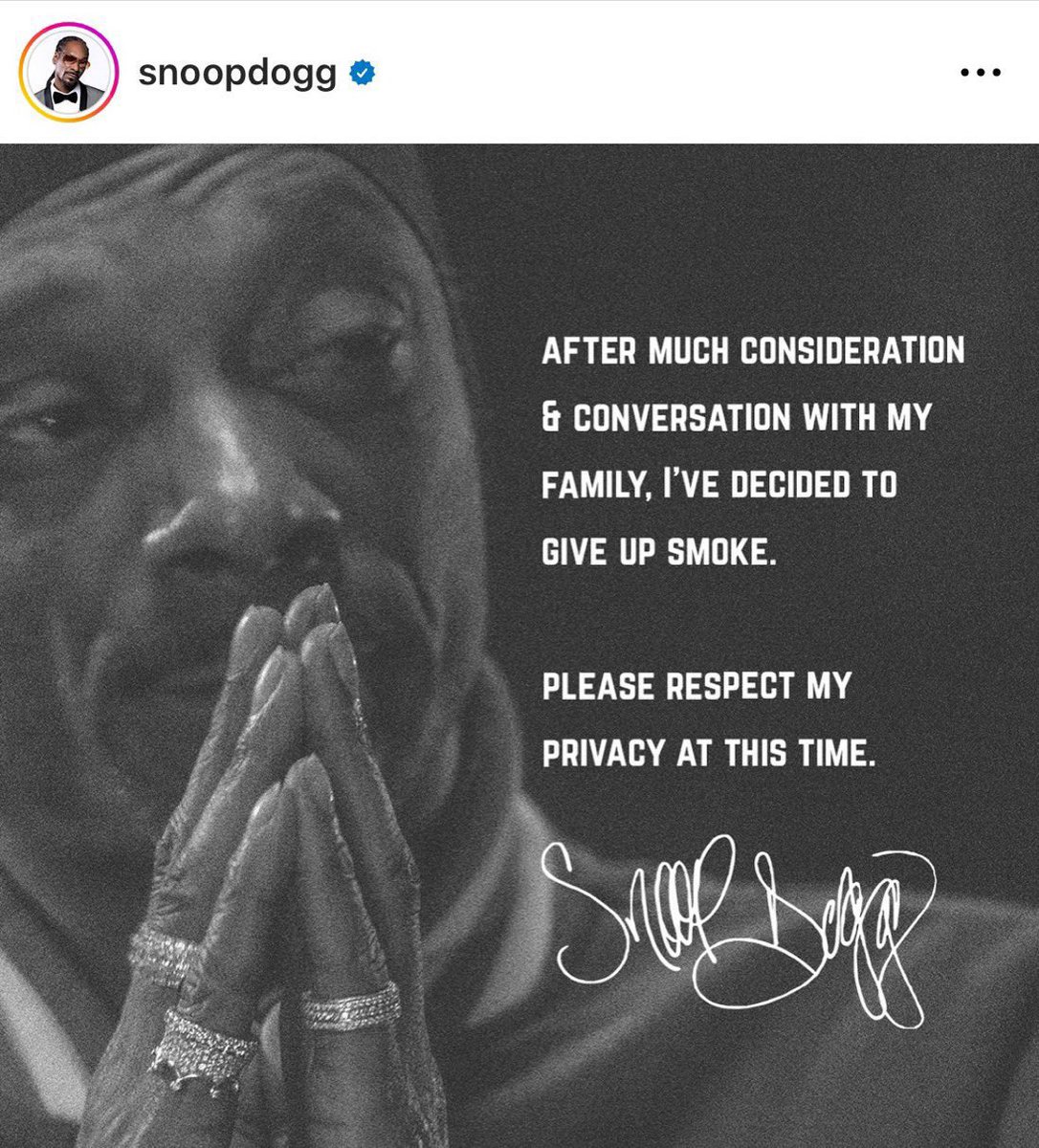 canabisbrasil's tweet photo. 🚨Snoop Dogg anuncia que vai parar de fumar maconha 

"Após muita consideração e conversas com minha família, eu decidi parar de fumar. Por favor, respeitem minha privacidade neste momento “ https://t.co/WiTtvp6QN2