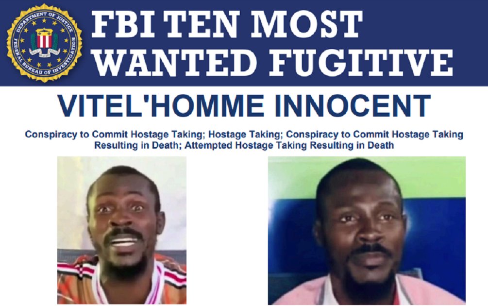 The #FBI added Haitian gang leader Vitel’Homme Innocent to its “Ten Most Wanted Fugitives” List for his alleged role in crimes committed against U.S. citizens in Haiti. A reward of up to $2 million is offered for info leading to his arrest &/or conviction. fbi.gov/wanted/topten/…