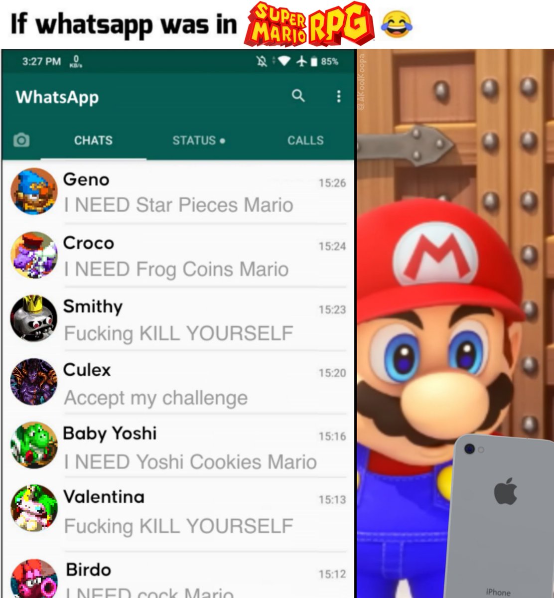 AKoolKoopa's tweet photo. If Whatsapp was in Super Mario RPG 😂 https://t.co/OhyWksGDI6