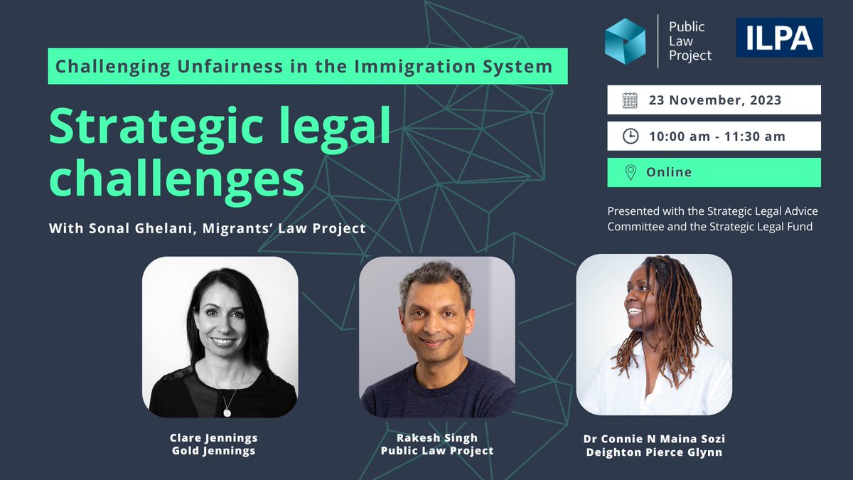 How do we identify and evidence strategic legal challenges in immigration? Find out on 23 November with Sonal Ghelani, @clarerjen, Rakesh Singh, and Dr Connie N Maina Sozi. Book now: bit.ly/45ig6tz