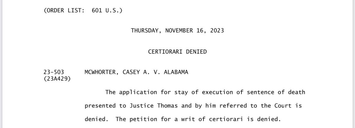 #SCOTUS has denied two applications to block Alabama’s impending execution of Casey McWhorter. There were no public dissents.