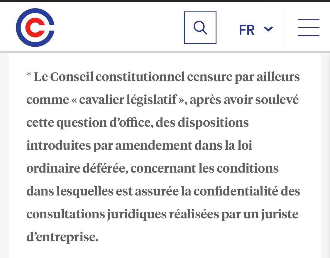 🔵🟡 #info Le <a href="/Conseil_constit/">Conseil constit</a> censure également comme « cavalier législatif d’office les dispositions instaurant la confidentialité des juristes d’entreprises conseil-constitutionnel.fr/actualites/com…