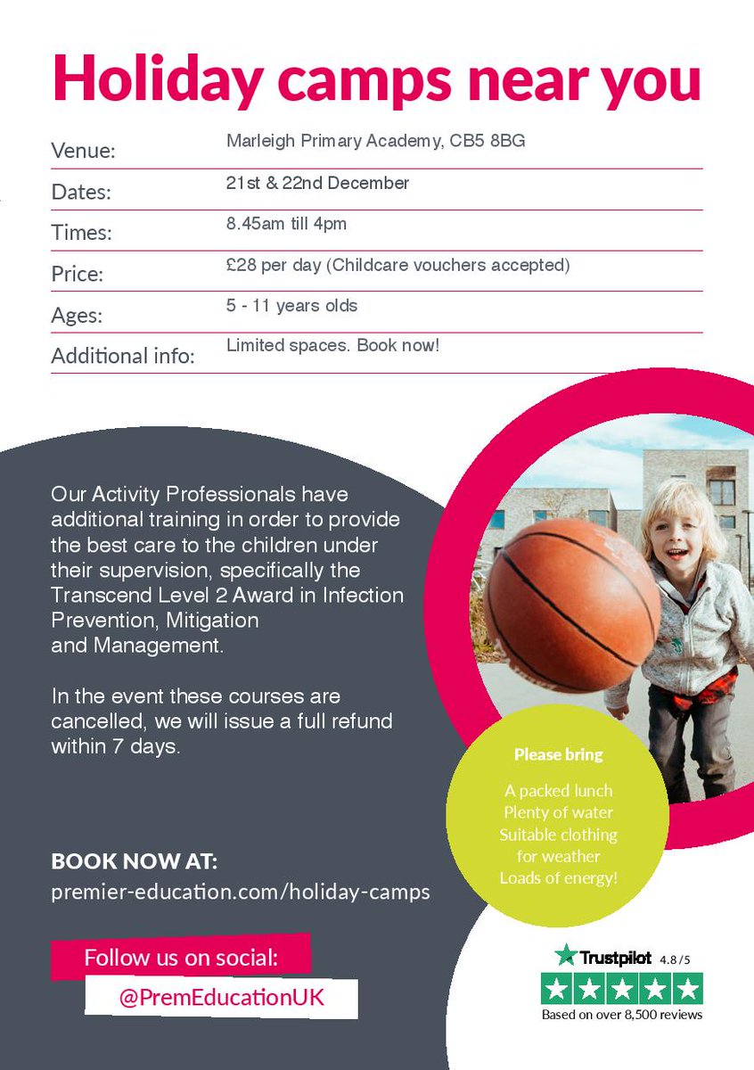 MarleighPA's tweet photo. . @PremEducationUK are running a Christmas Holiday Camp at Marleigh on the 21st &amp; 22nd December 8.45am - 4pm. 🎅⚽🎾
Book your space here: https://t.co/H6HNP3IH8a
#holidaycamps #multisports #childcare #activitydays https://t.co/alI2v2U9R7