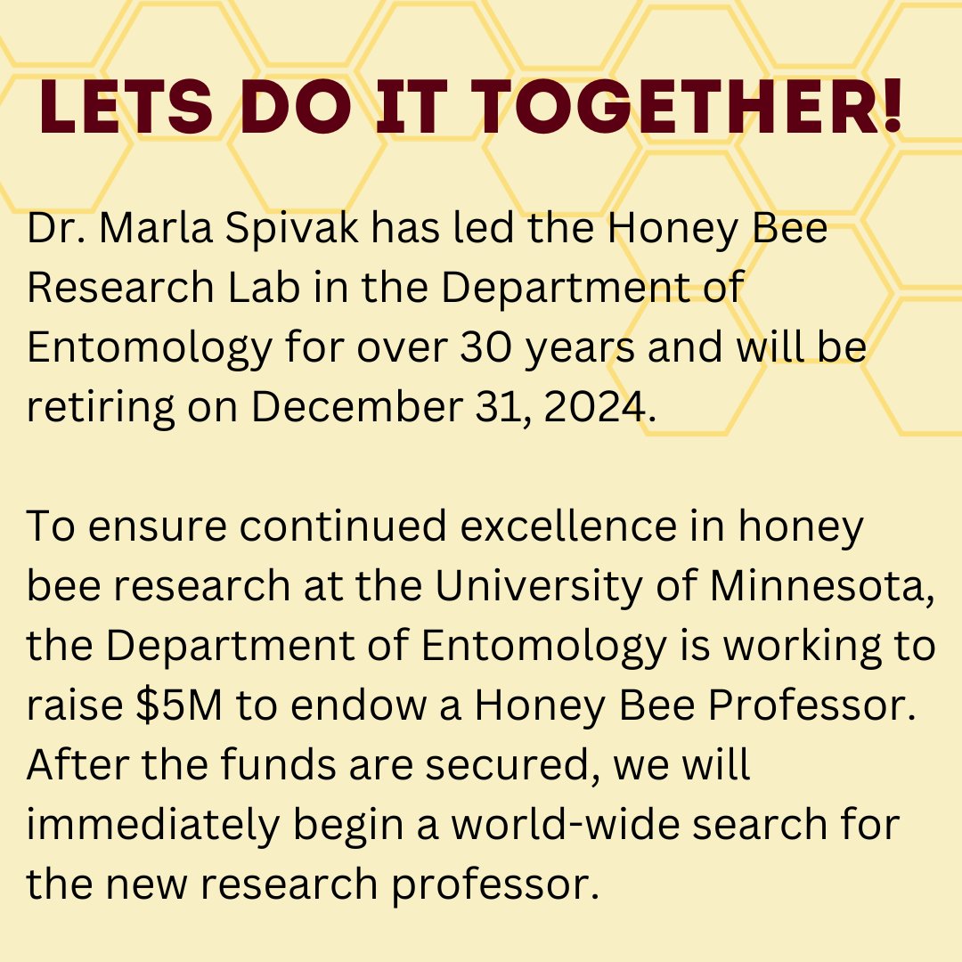 Today $1 equals $2 when you donate to the Endowed Chair in Honey Bee Research fund! 

Donate today using this link: z.umn.edu/endowed-chair
 
#UMNGive #UMNProud