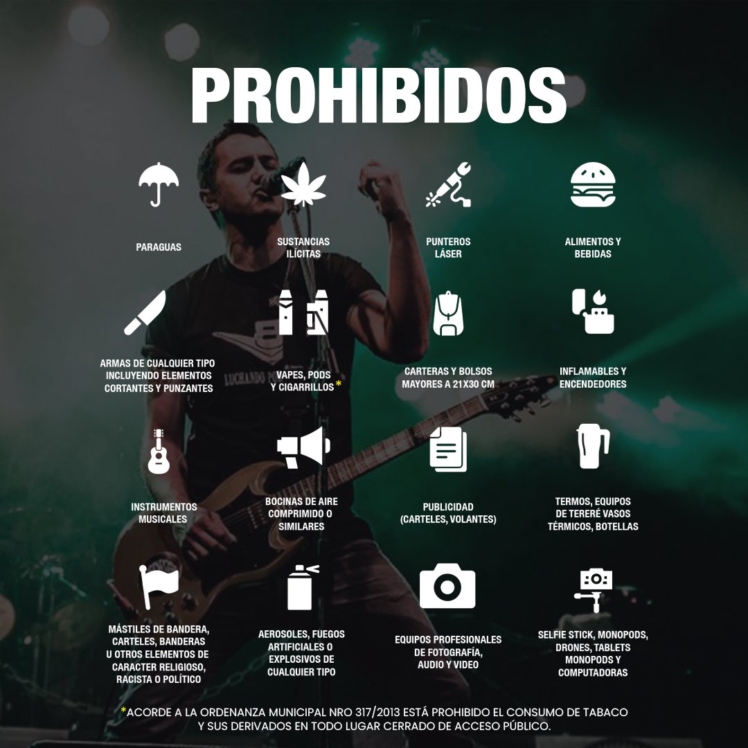 Listado de ✅ Elementos Permitidos y 🚫 Elementos Prohibidos para 𝐂𝐈𝐔𝐃𝐀𝐃 𝐏𝐔𝐍𝐊 𝐕𝐎𝐋.𝟒 🤜💥🤛

🎟️Entradas en <a href="/ticketeapy/">Ticketea Paraguay</a> y vía web en ticketea.com.py/events/ciudad-…
📍𝗨𝗠𝗠𝗔 𝗠𝘂𝗹𝘁𝗶𝗘𝘀𝗽𝗮𝗰𝗶𝗼𝘀 - Mcal. López 2585
🗓️18/Nov.