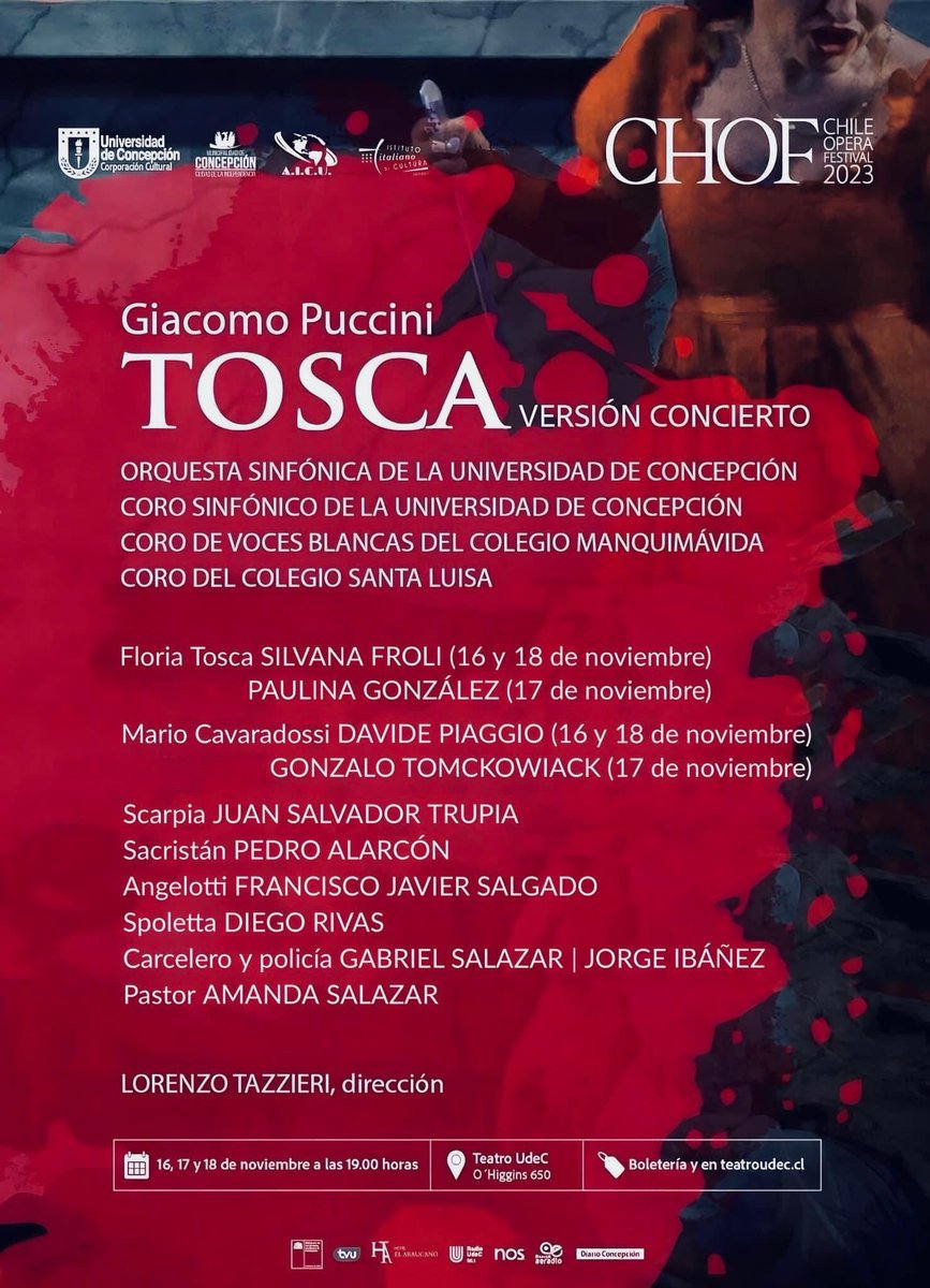 todalaculturacl's tweet photo. Ya estamos con TC en #Concepción 👍 para cubrir y comentar el importante estreno hoy de la ópera “Tosca” en el marco del #CHOF Chile Opera Festival. Es un destacable esfuerzo artístico y cultural de @TeatroUdec 🎵👏 #TodaLaCultura https://t.co/bdMhsQdK4h