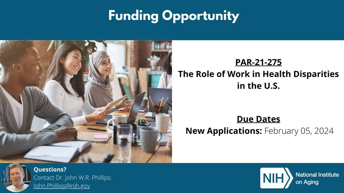 Reminder: NIA is participating in a funding opportunity that invites research on the role of work in #healthdisparities in the U.S. For more info: buff.ly/3cGHo75 #fundingopps