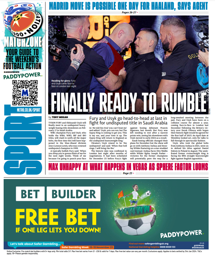 Fury and Usyk are finally set to fight and unify the heavyweight division for the first time this century... it's Friday's back page