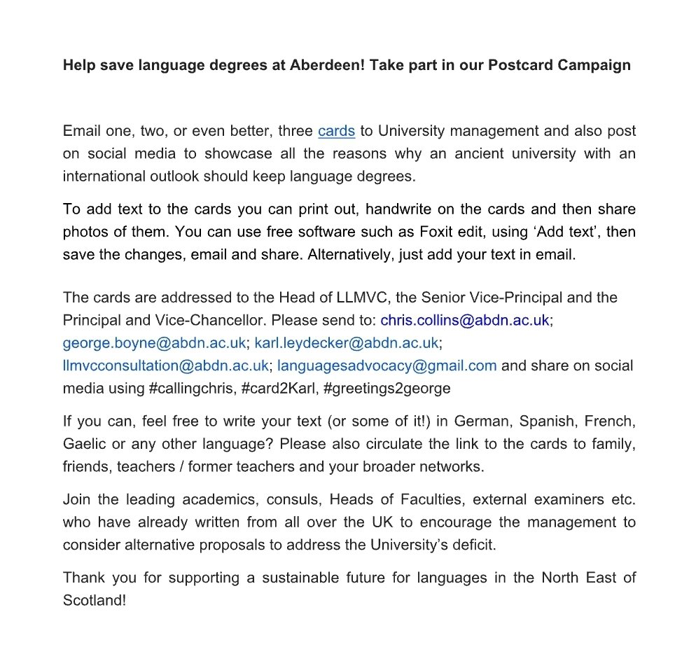 Help save language degrees at Aberdeen! Take part in our Postcard Campaign.

Email cards to University management &amp; also post on social media to show all the reasons why an ancient university with an international outlook should keep language degrees:drive.google.com/drive/folders/… See⬇️