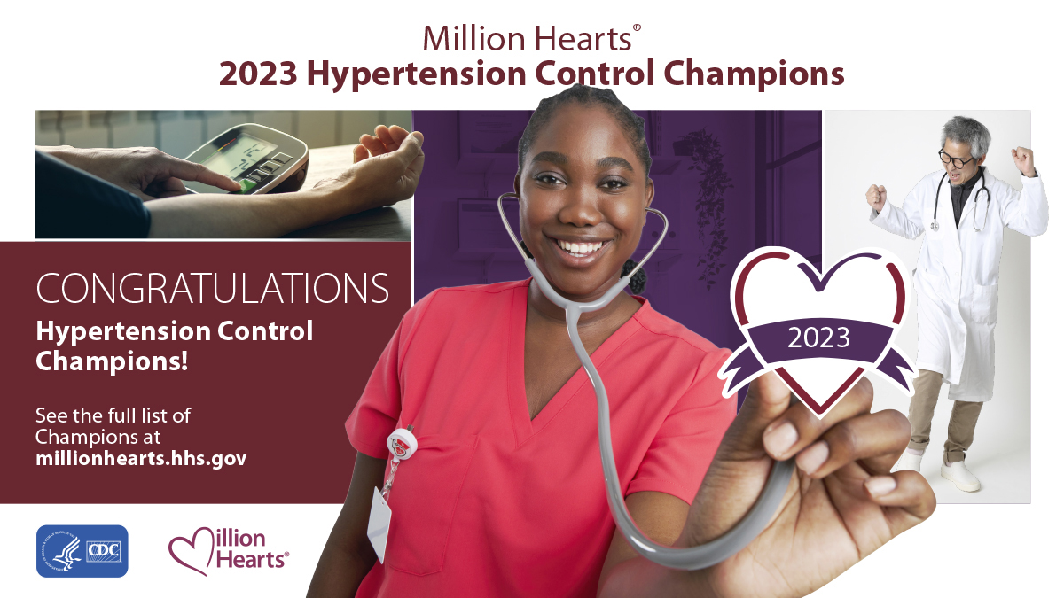 MillionHeartsUS's tweet photo. Twenty-four health care practices succeeded in making #BloodPressure control their goal! See the full list of Million Hearts® 2023 #HTNControlChamps. https://t.co/E0p2QLsrmv https://t.co/J2hgB61kkS