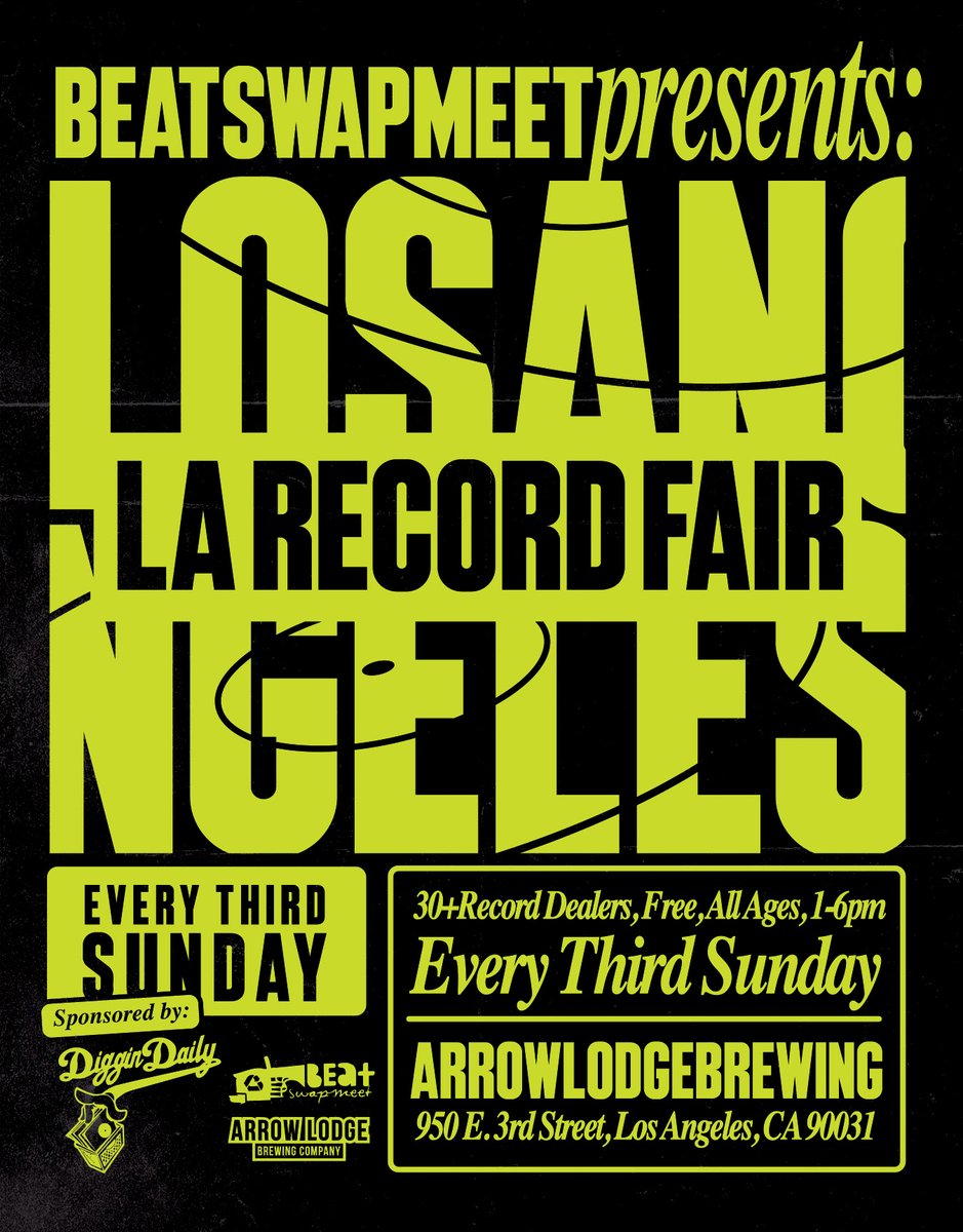 MRCPromotion's tweet image. BeatSwapMeet Presents: L.A. Record Fair every 3rd Sunday!  30 record dealers, free all ages 1-6 PM ArrowLodgeBrewing, 950 E. 3rd Street, Los Angeles, CA. Calling all #emcees #DJs #producers vinyl lovers record a video drop for the station. Sponsored by @diggindaily. #LA #Events