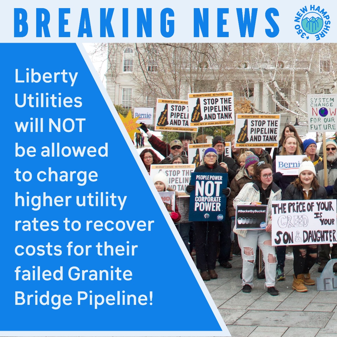 EXCITING NEWS: Liberty Utilities cannot raise our energy bills to recover the money they lost attempting to build the Granite Bridge pipeline! It's time for these companies to stop trying to expand fracked gas. Read more here: 350nh.org/2023/11/16/350… #NoGraniteBridge