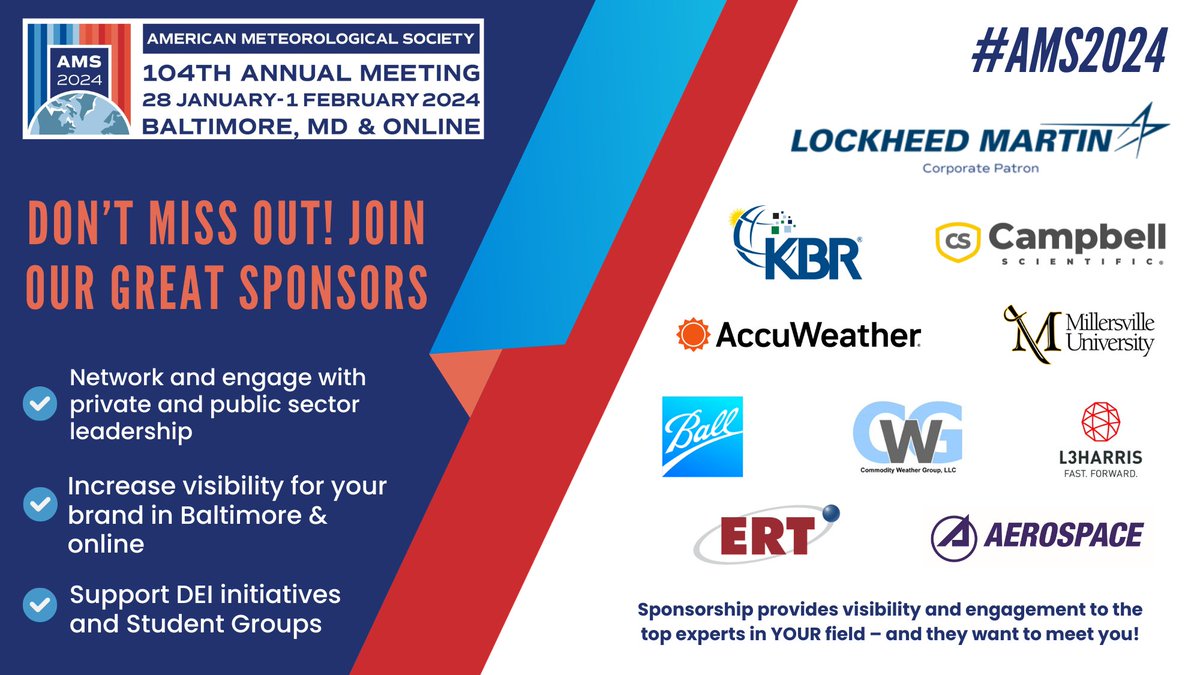 Thousands of attendees will see your competitors at #AMS2024. Will they see you? Secure your 104th Annual Meeting sponsorship, increase your visibility, and unlock great benefits for your company. Find out how here: bit.ly/3NIzOcg