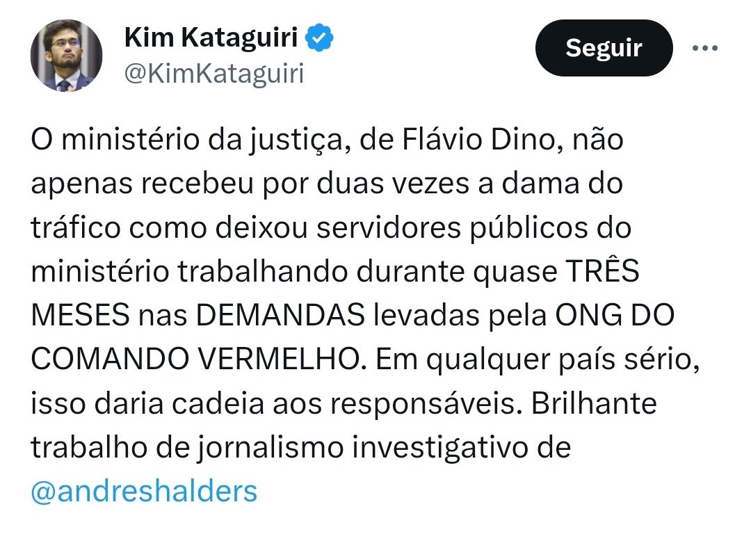 vinicios_betiol's tweet photo. DENÚNCIA: o deputado federal Kim Kataguiri acusou o ministério do Flávio Dino de trabalhar nas demandas levadas pela "ONG DO COMANDO VERMELHO". Não existe uma ONG do comando vermelho e o Ministério da Justiça nunca trabalhou para criminosos. Ajudem a marcar o Flávio Dino. O deputado precisa ter responsabilidade com o que fala.