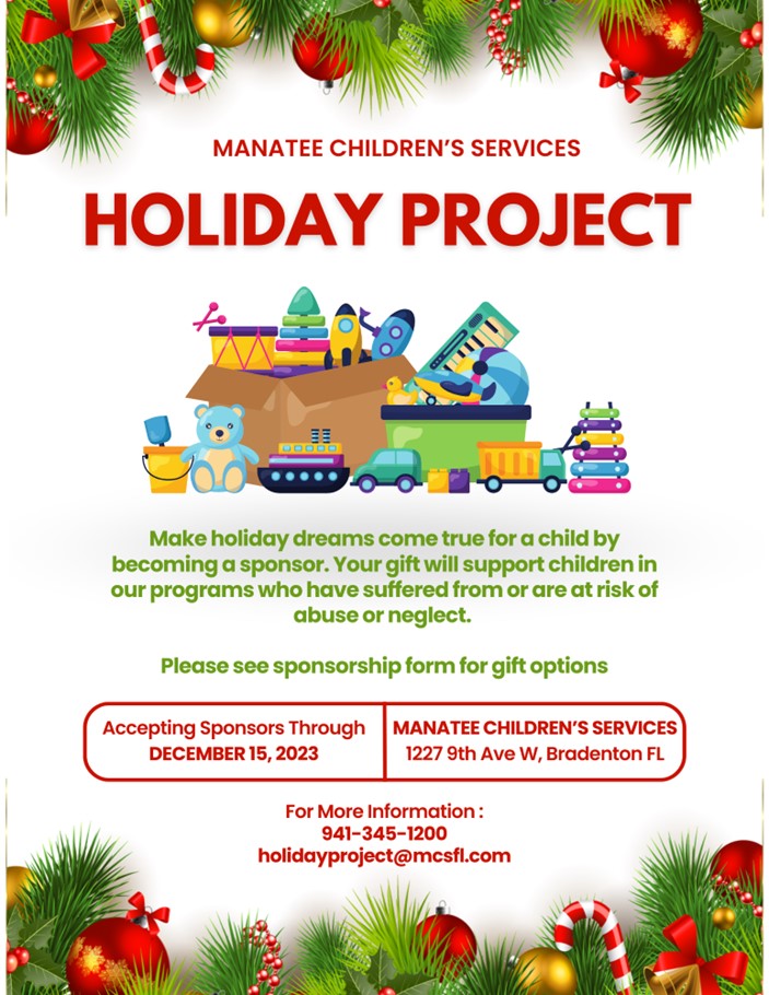 Please help us ensure all children have gifts for the holidays by submitting your sponsorship form, available at the  manateechildrensservices.com homepage, or making a gift through our Facebook fundraiser at: facebook.com/donate/2705083… Thank you in advance for all you do!