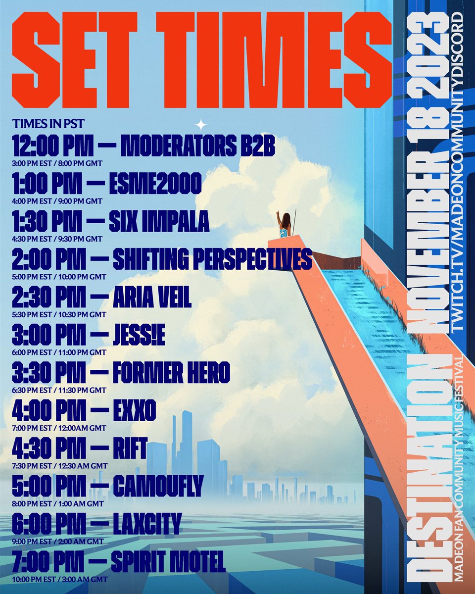 DESTINATION SET TIMES

SUPPORTING TRANS LIFELINE

twitch.tv/MadeonCommunit…