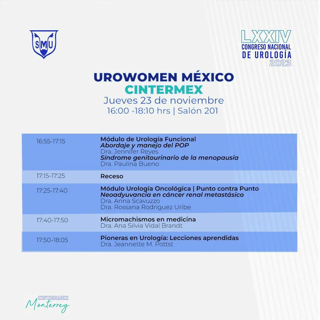 MUJERES EN UROLOGÍA 👩🏽‍⚕️👩🏼‍⚕️👩🏻‍⚕️👩‍⚕️👩🏾‍⚕️
Les invitamos a este increíble Foro de Mujeres en Urología #Urowomen en 📍Monterrey  📆Jueves 23 de noviembre a las 16:00 Cintermex
🔝Endourología, Andrología, Urología Pediátrica, Funcional y Oncología 
#SMU2023 #todossomossmu #ilooklikeasurgeon