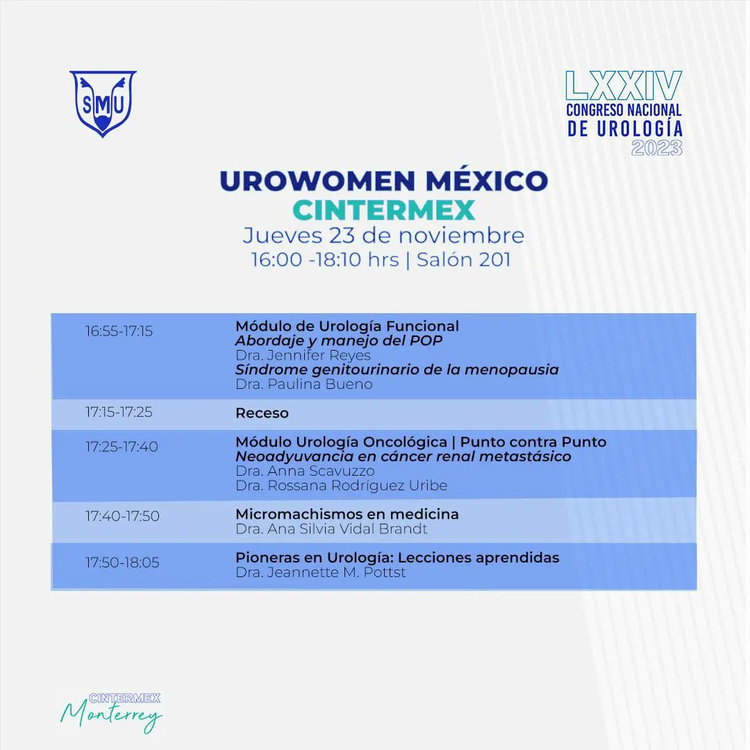 MUJERES EN UROLOGÍA 👩🏽‍⚕️👩🏼‍⚕️👩🏻‍⚕️👩‍⚕️👩🏾‍⚕️
Les invitamos a este increíble Foro de Mujeres en Urología #Urowomen en 📍Monterrey  📆Jueves 23 de noviembre a las 16:00 Cintermex
🔝Endourología, Andrología, Urología Pediátrica, Funcional y Oncología 
#SMU2023 #todossomossmu #ilooklikeasurgeon