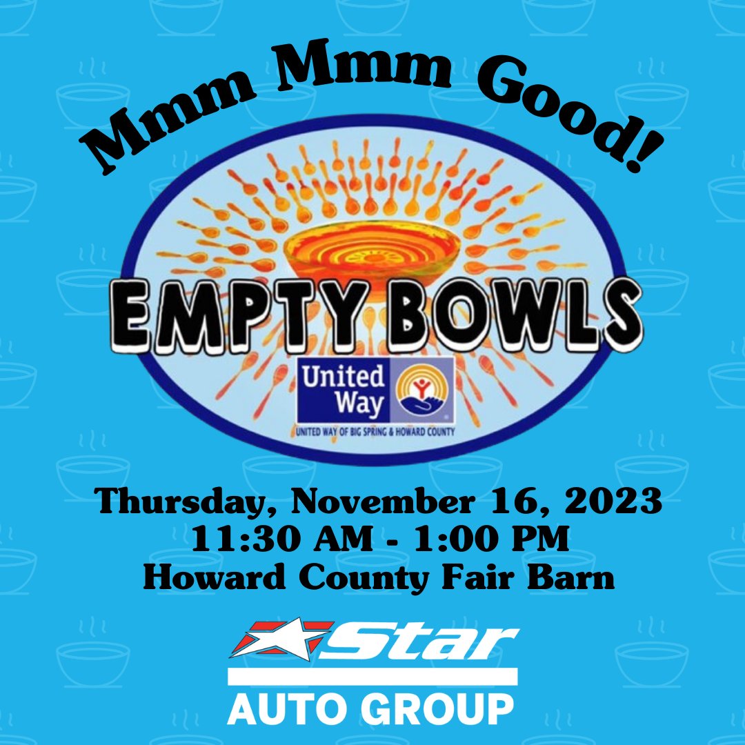 BigSpringCDJR's tweet photo. Great time at United Way of Big Spring and Howard County’s Empty Bowls annual fundraiser today! We enjoyed everyone’s beautiful, handcrafted bowls and all the delicious soups…especially our very own
Tabitha Clark’s Hungarian green bean and bacon soup! #stardifference #LiveUnited https://t.co/KHuDbhZ5s0
