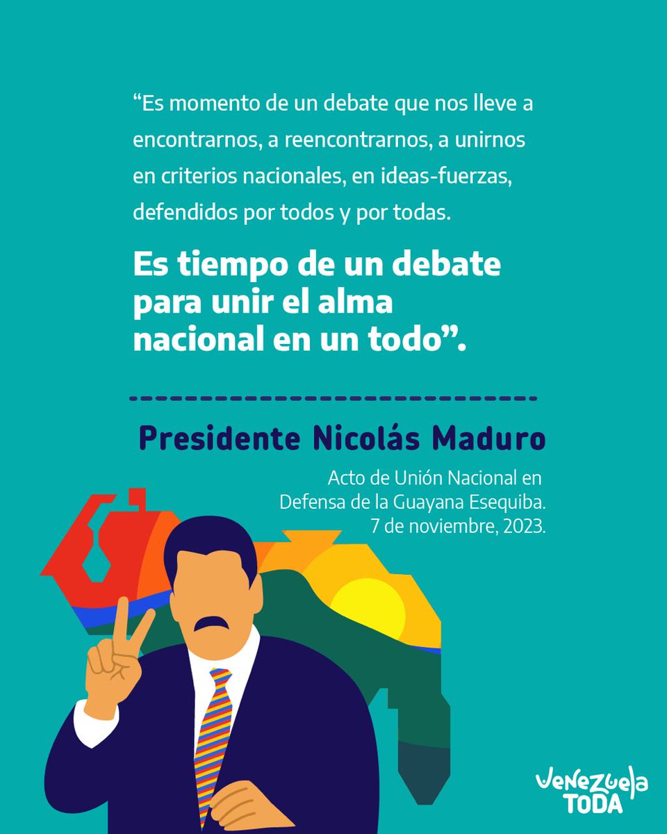 📢 ¡Venezuela toda! 🇻🇪
"Es momento de un debate para unir el alma nacional de un todo". A luchar juntos por la vía pacífica del referéndum, de la paz. Una sola fuerza patriótica que no será derrotada por ningún imperio.
#ElEsequiboEsMío

<a href="/NicolasMaduro/">Nicolás Maduro</a>
<a href="/luchaalmada/">Alfred Nazaret Ñáñez</a>