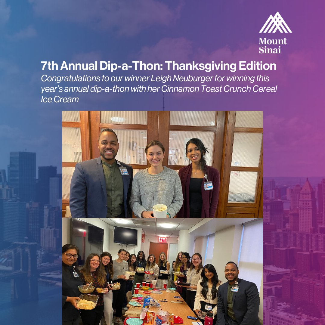 The 7th Annual Dip-a-Thon (Thanksgiving Edition) concluded today. Congratulations to Leigh Neuburger, the winner of this year's dip-a-thon! She really 'cereal-ously' nailed it with her Cinnamon Toast Crunch Cereal Ice Cream dip! #MountSinaiSurgery