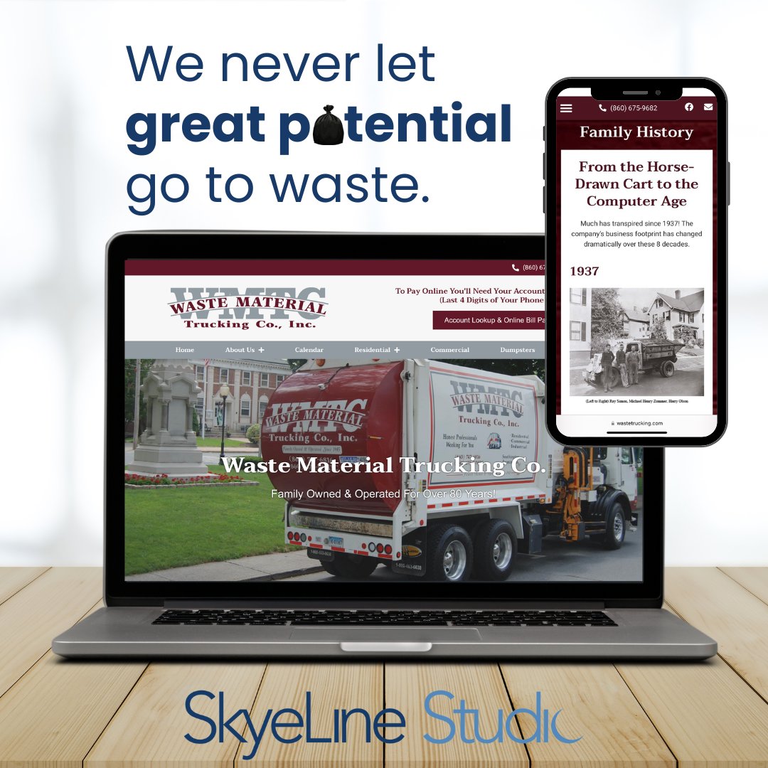 SkyeLineStudio's tweet photo. There's nothing better than working with a family business with a history as long as Waste Material Trucking Co. They've been helping keep communities clean for over 80 years, and at SkyeLine, we thought it was time to give their website a refresher. https://t.co/WEFzwKi5Za